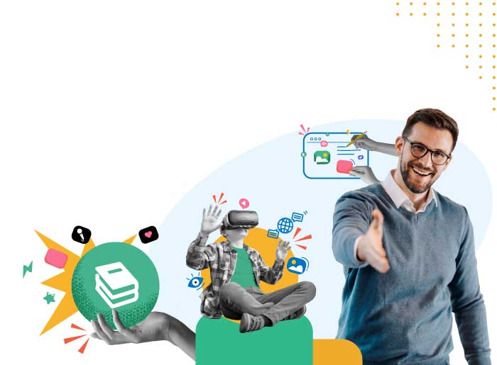 Uomo sorridente che tende la mano, simbolo di accoglienza e innovazione, con elementi grafici digitali per l&amp;#039;educazione e soluzioni tecnologiche